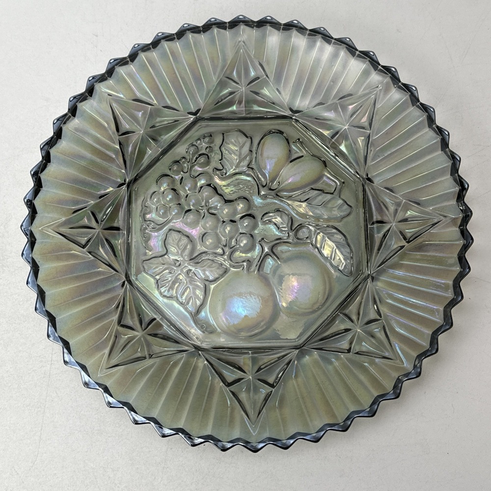 Vintage Federal Pioneer Smoke Gray Iridescence Fruit Glass Serving Plate 11"